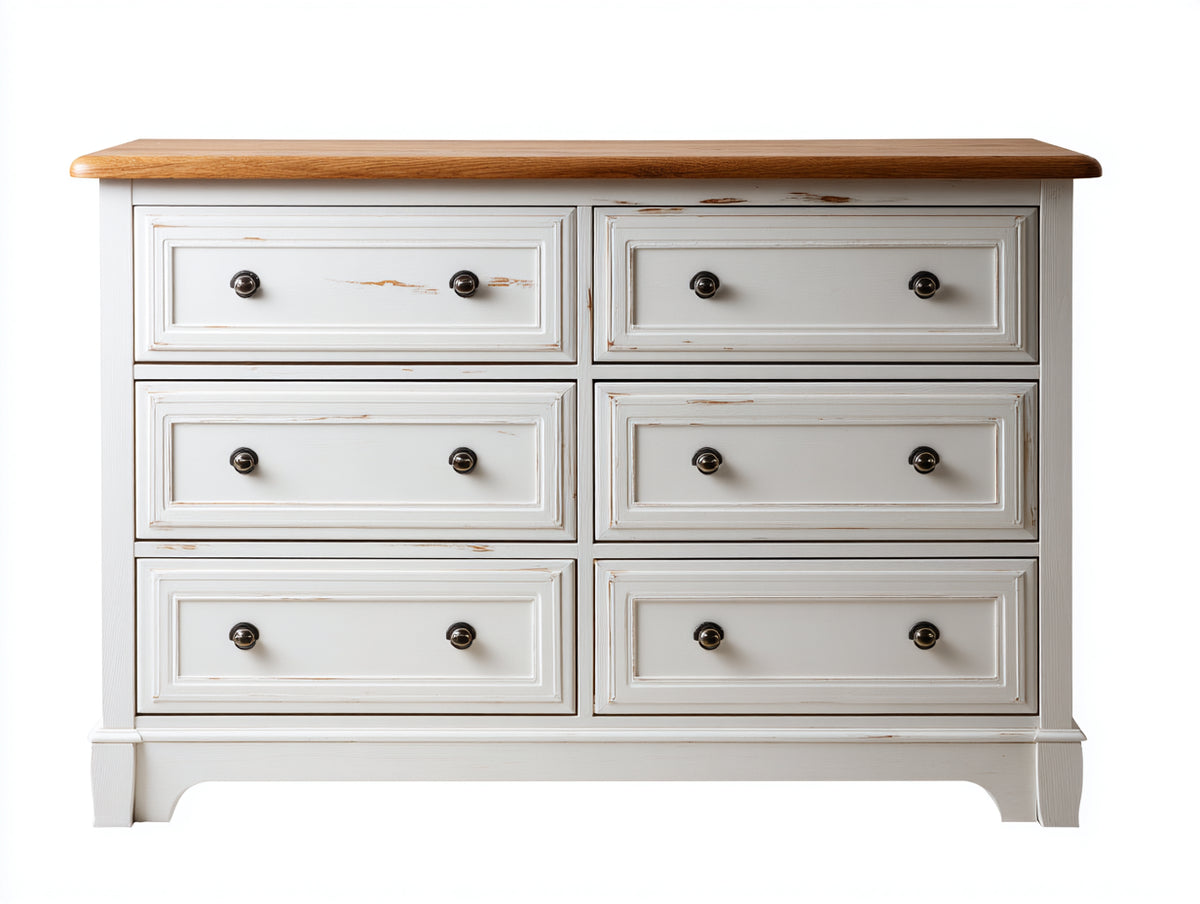 Commode - bois - 112x42x82 cm - blanc vieilli-bois naturel - style campagne