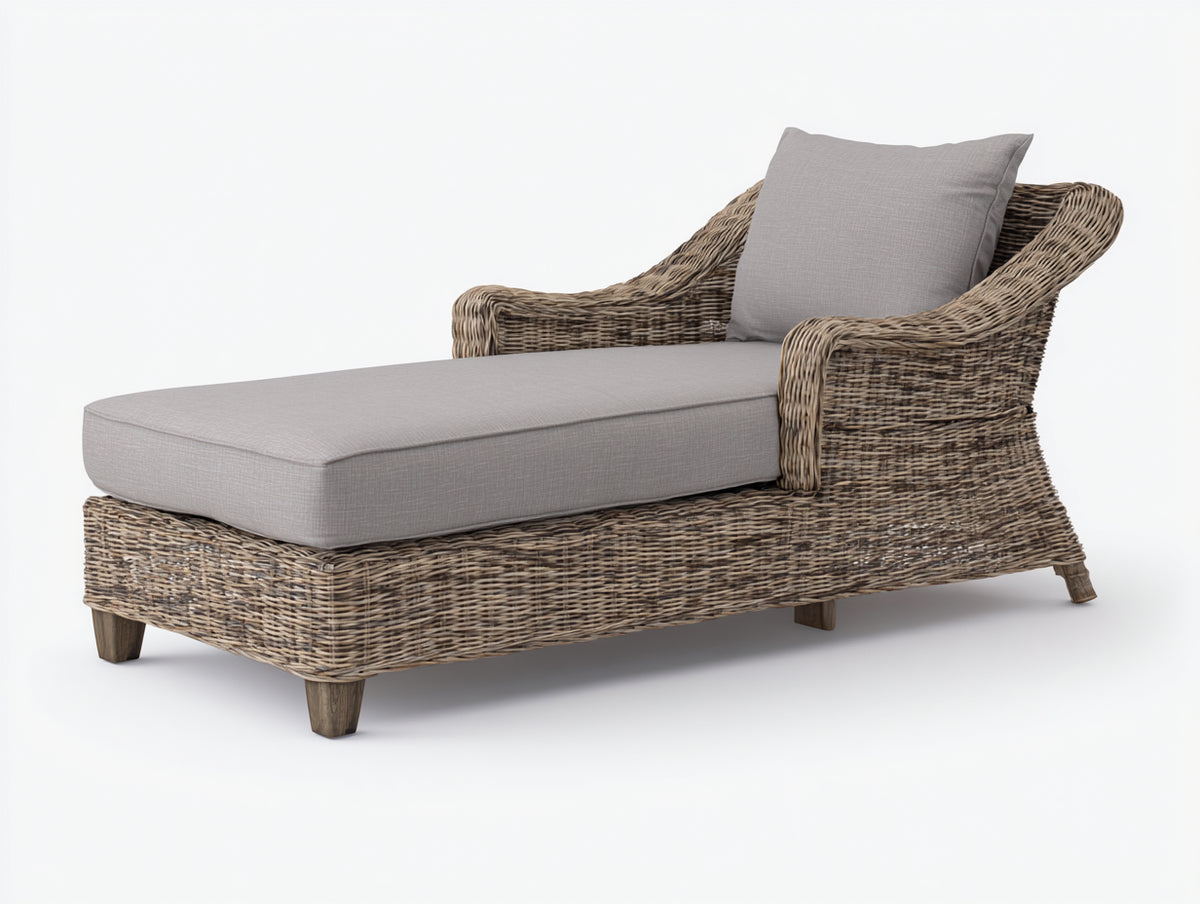 Bain de soleil - Rotin tressé-Tissu - 196x84x87 cm - Taupe naturel-Gris perle - Naturel