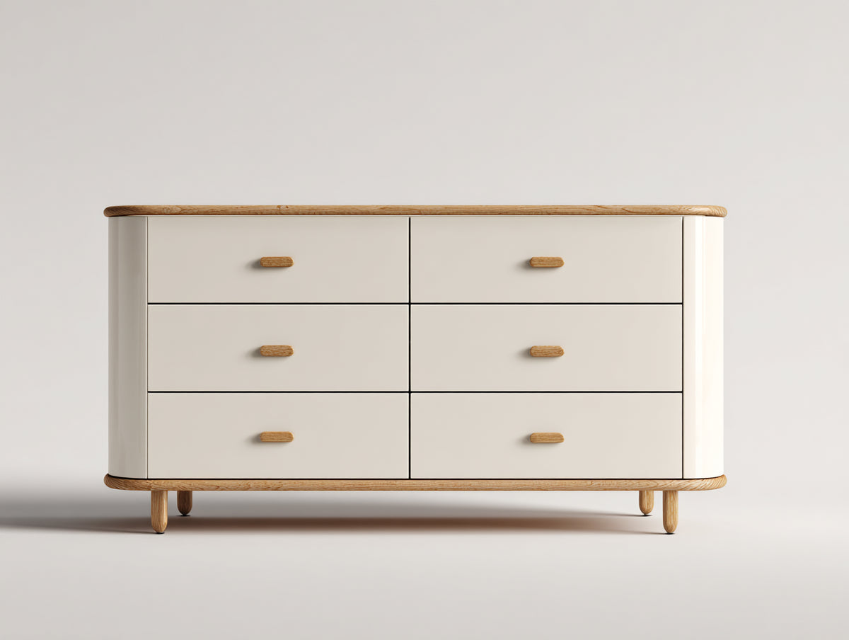 Commode - bois - 144x44x79 cm - blanc cassé-bois naturel - style moderne organique