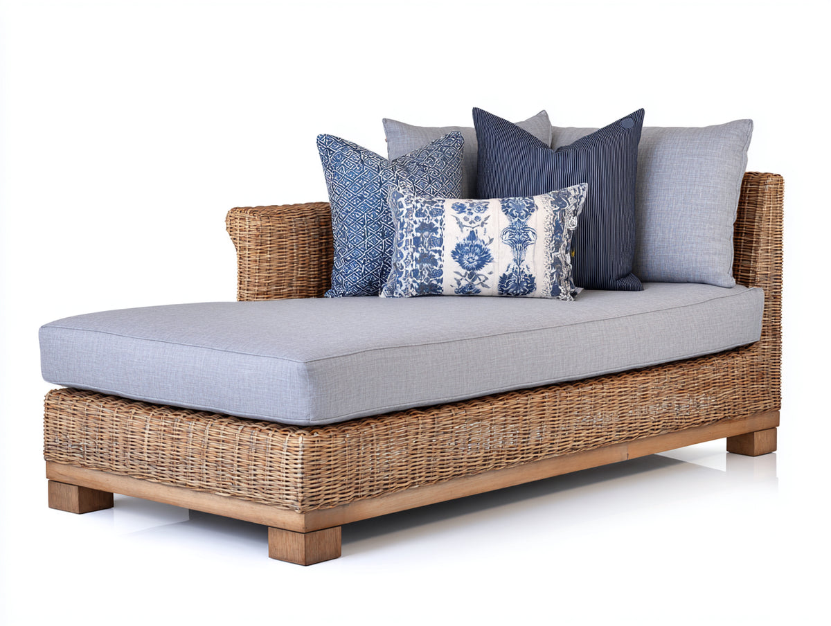 Bain de soleil - Rotin tressé-Tissu - 205x105x78 cm - Beige naturel-Gris clair - Contemporain