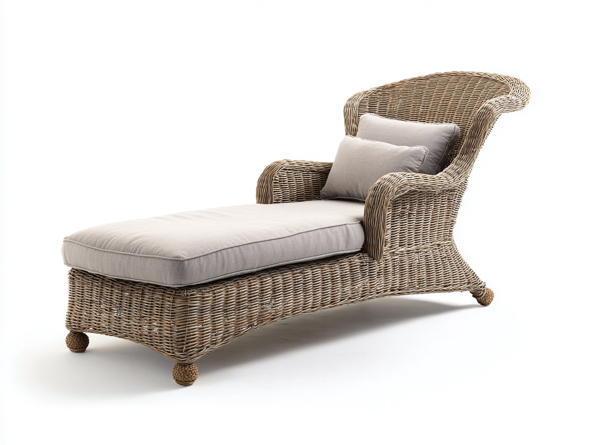 Bain de soleil - Rotin tressé-Tissu - 191x86x96 cm - Beige naturel-Gris clair - Romantique