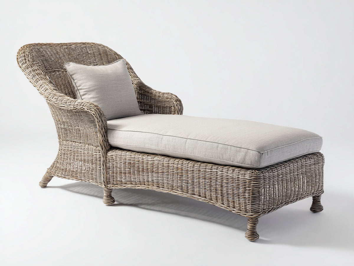 Bain de soleil - Rotin tressé-Tissu - 188x80x88 cm - Gris patiné-Beige clair - Bohème